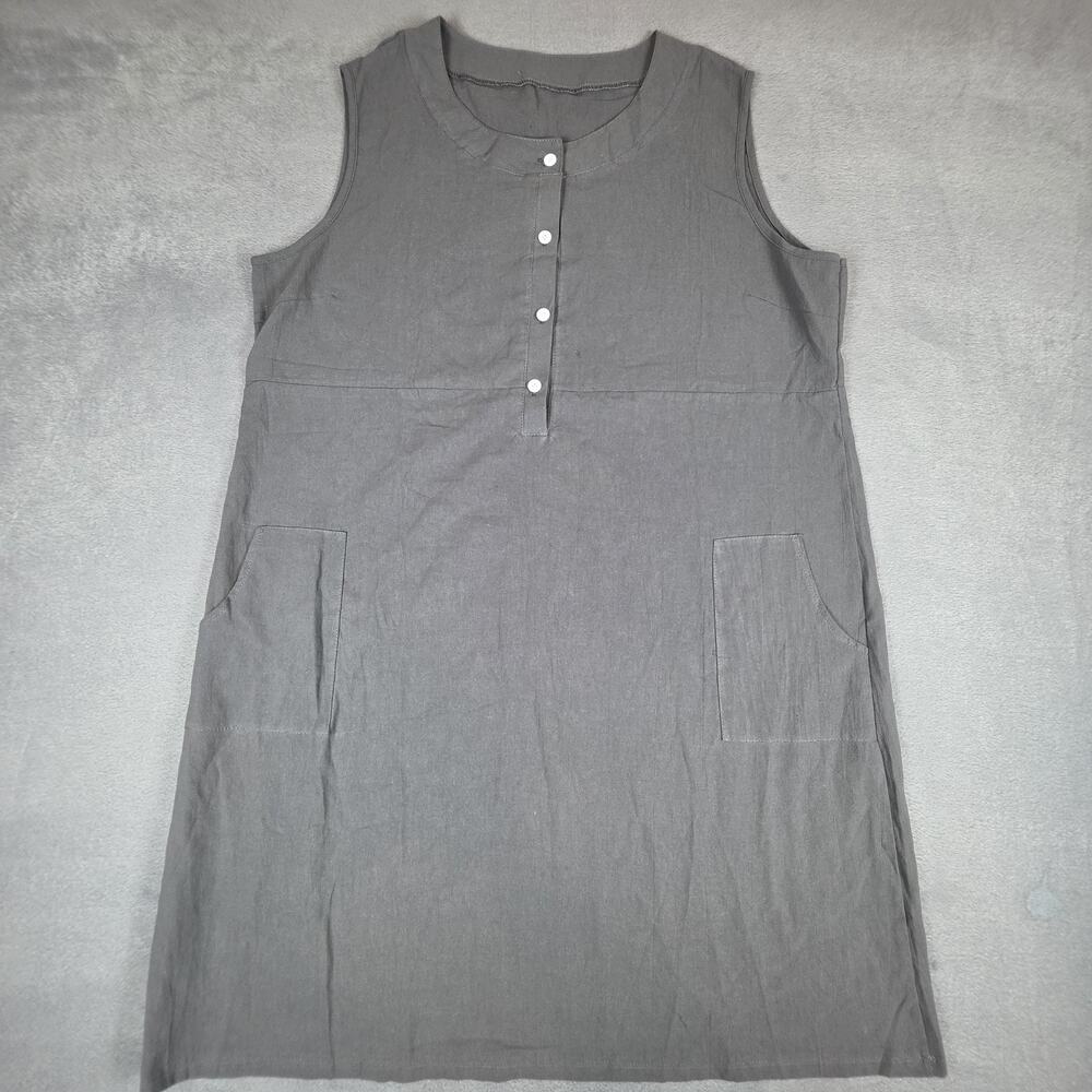 Women's Sleeveless Linen Blend Shift Dress Gray Button Front Pockets Casual XL